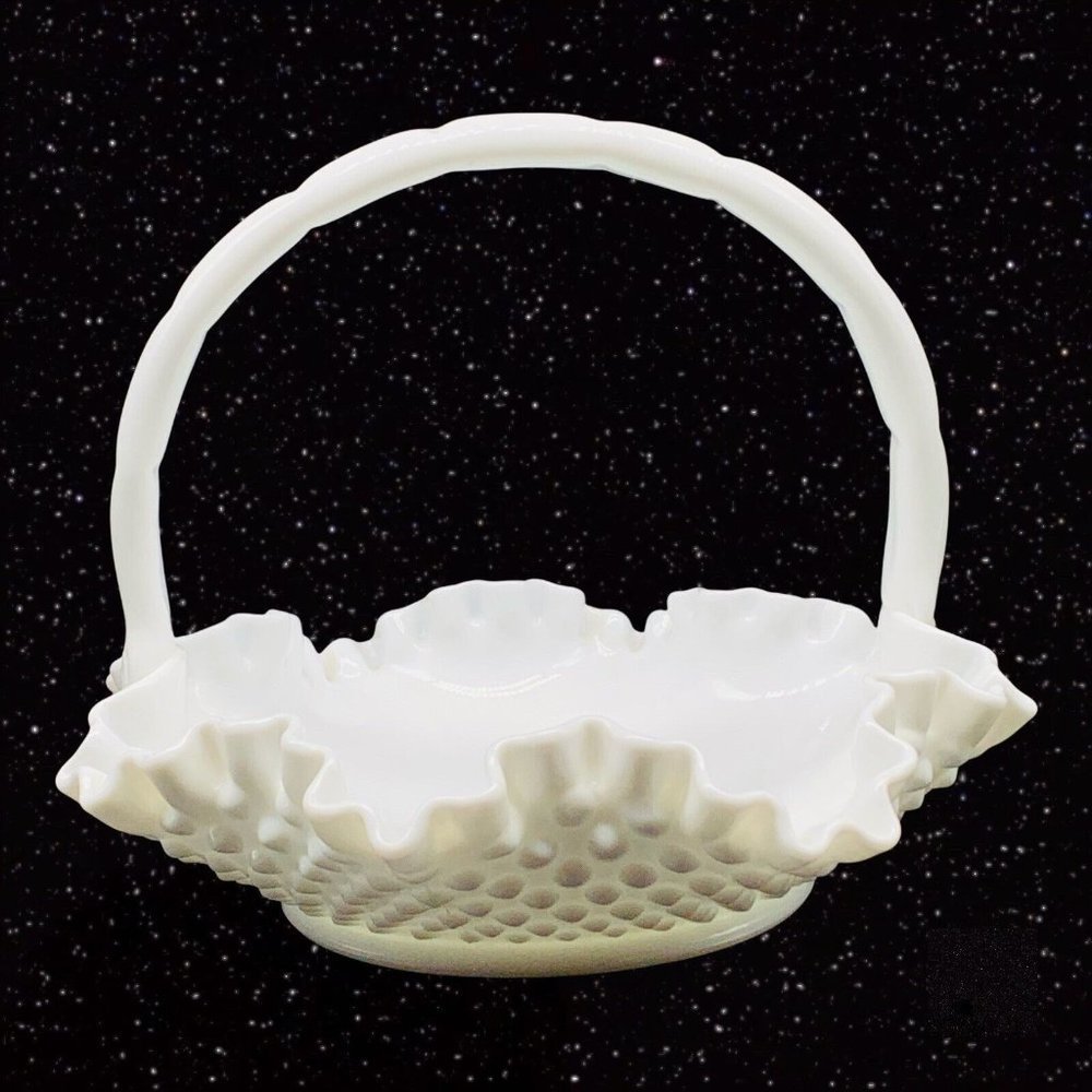 Fenton White Milk Glass Hobnail Ruffled Basket 4.5”T 7”W